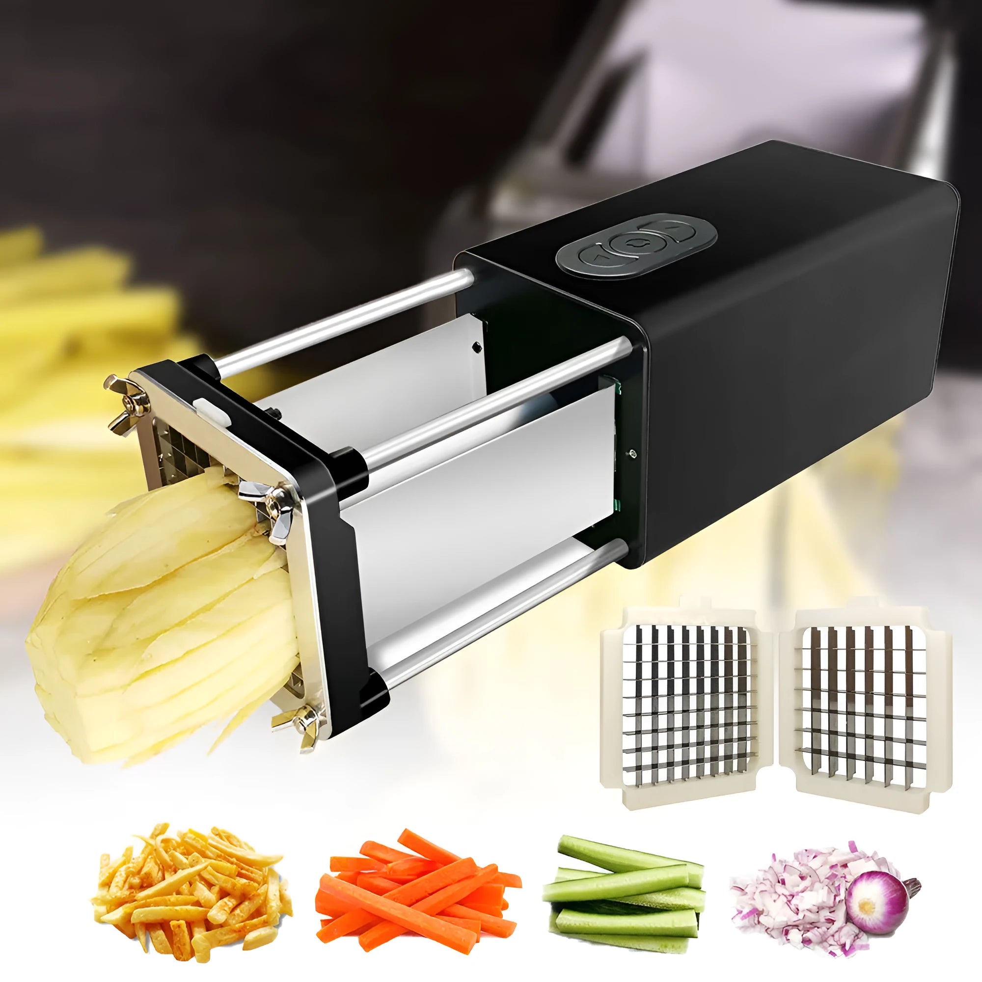 Black electric french fry cutter with stainless steel blades for cutting vegetables into bars