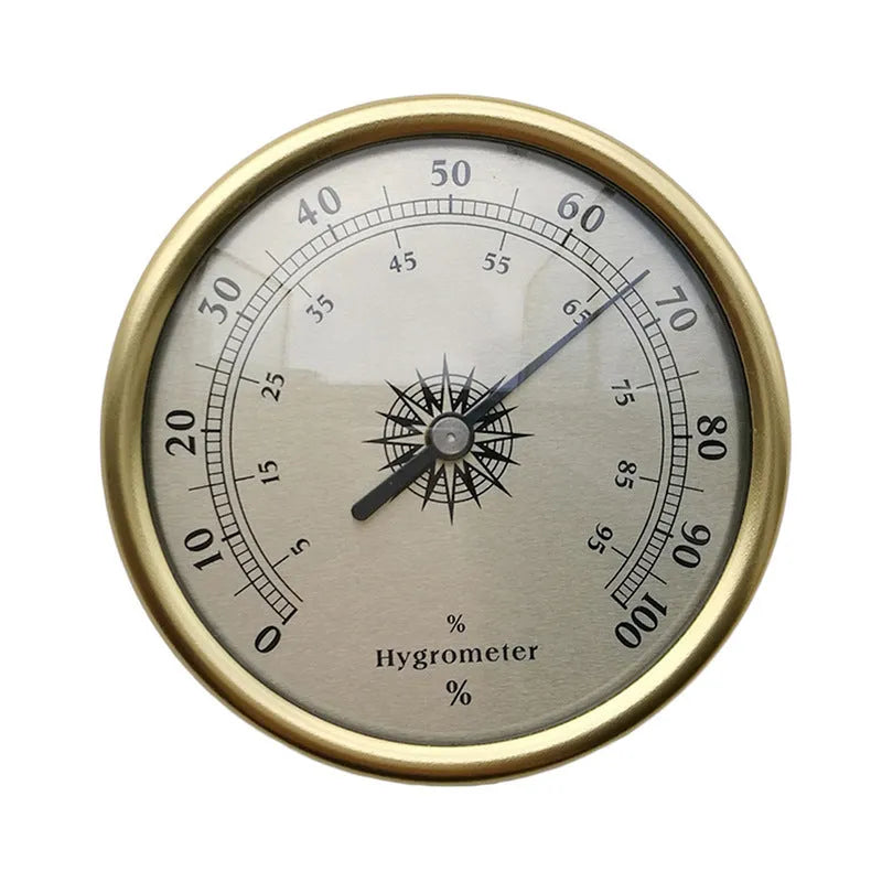 Silver aluminium analog thermometer and hygrometer on a white background.