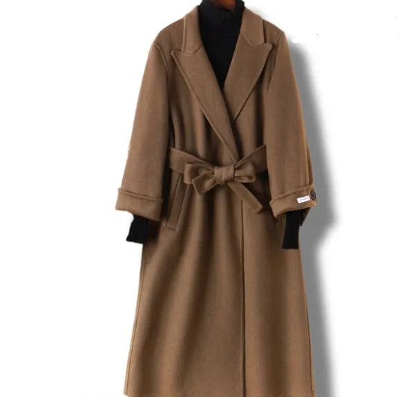Long wool coat with suit collar in black and caramel colours showing front and back views