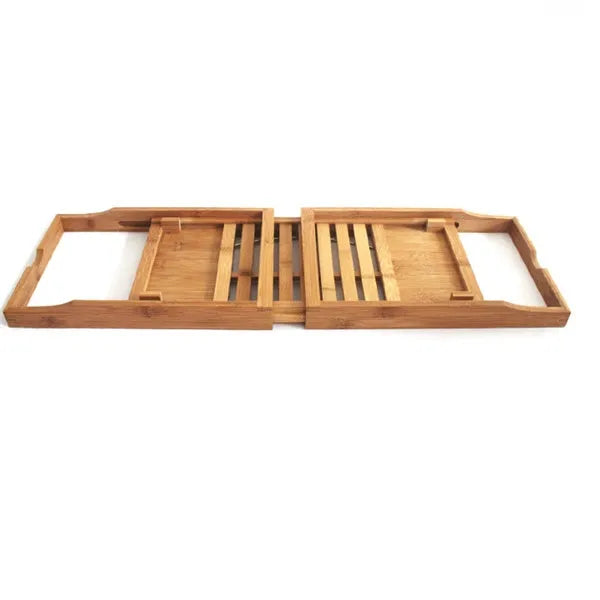 Natural bamboo bathtub storage frame for desktop installation in a bathroom.
