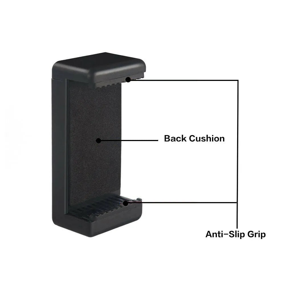 Black plastic phone holder with rotating clamp on desk surface