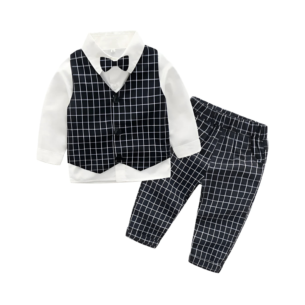 Boys casual two-piece cotton pants suit set in black with shirt and trousers on child model