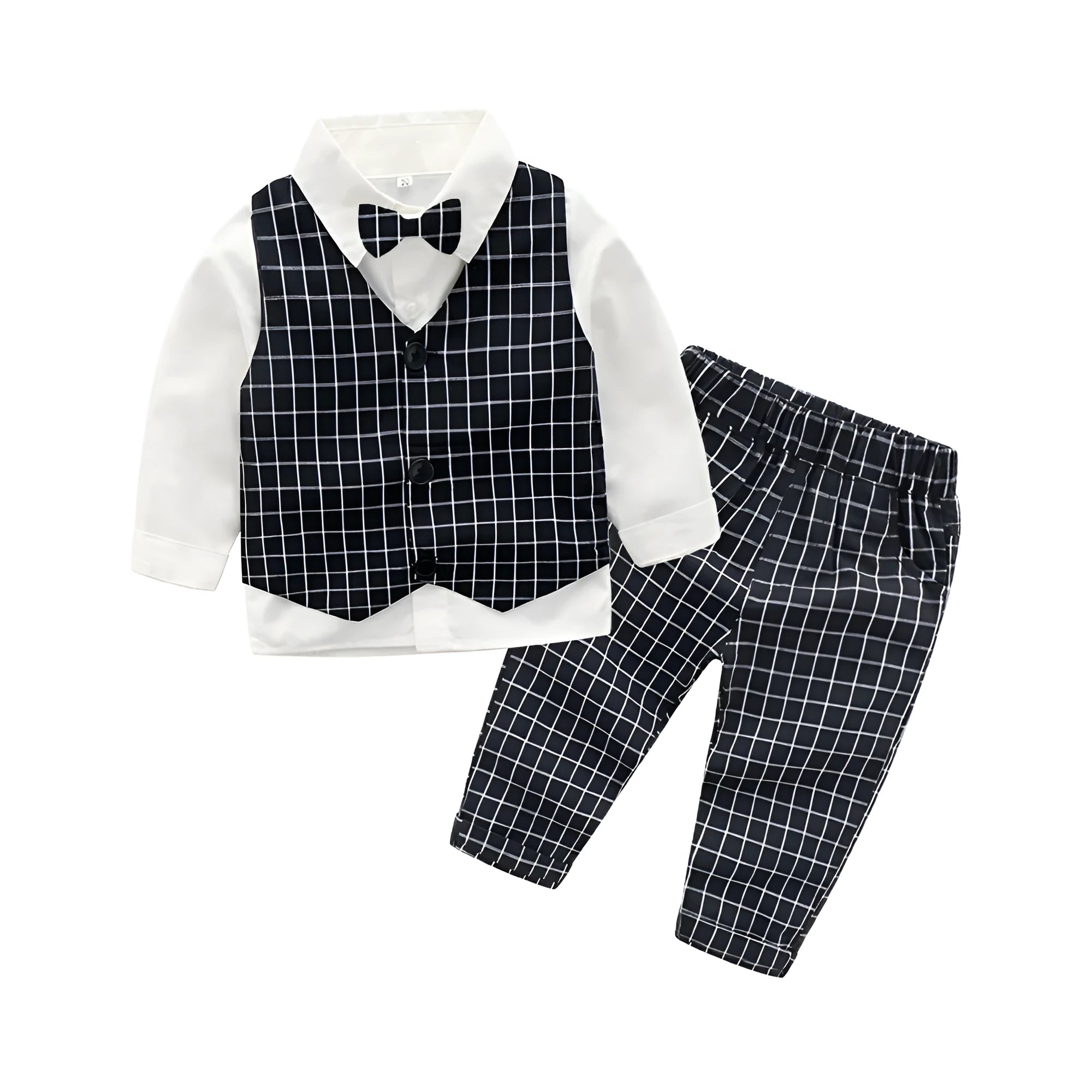 Boys casual two-piece cotton pants suit set in black with shirt and trousers on child model