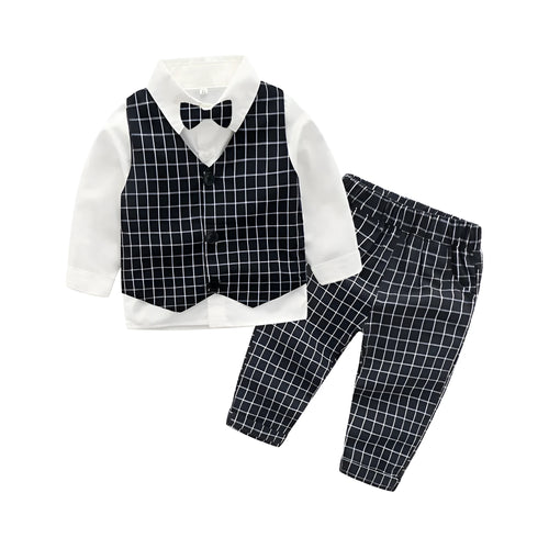 Boys casual two-piece cotton pants suit set in black with shirt and trousers on child model