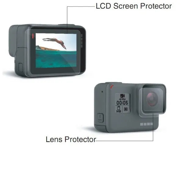 Transparent 9H tempered glass lens and screen protector films for GoPro Hero 5, 6, 7 cameras