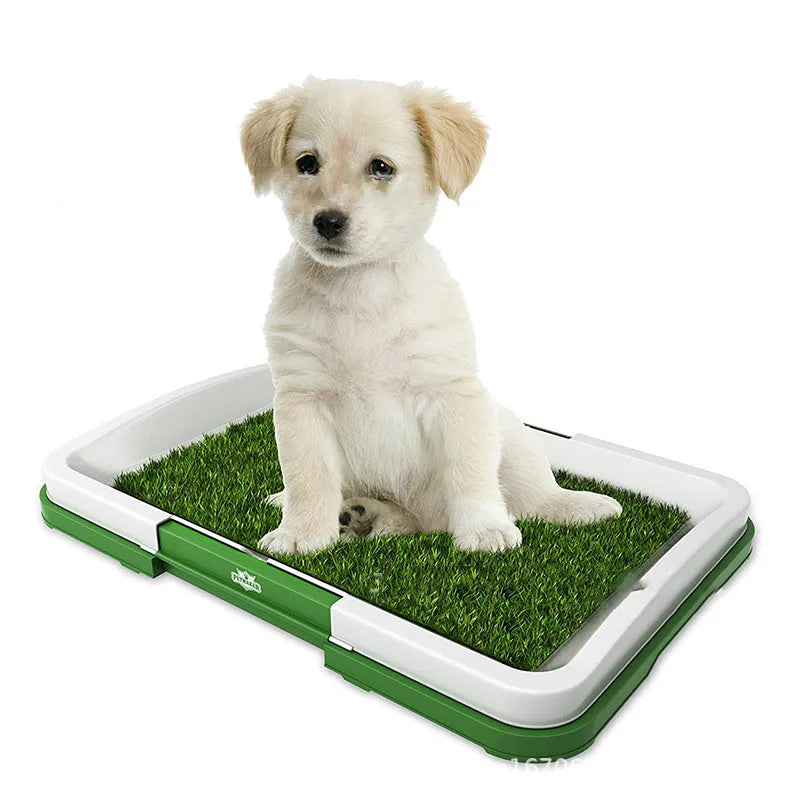 Green dog cleaning tool grid lawn flat toilet with press-button, removable grid, and antibacterial carpet, 46.5x34.5x6.5cm