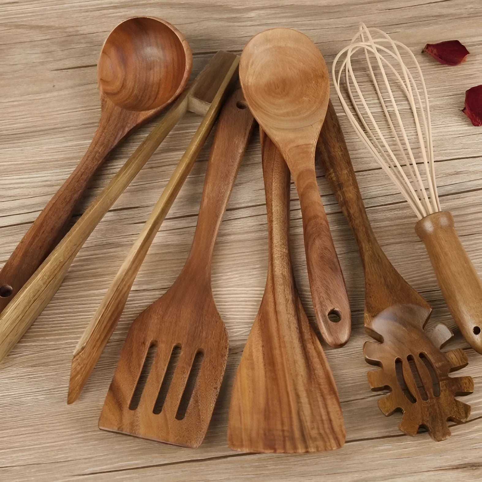 Seven-piece natural beech wood cooking utensil set with spoon and spatula designs
