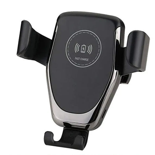Black wireless car charger mounted on vehicle vent with iPhone secured in automatic clamping mechanism