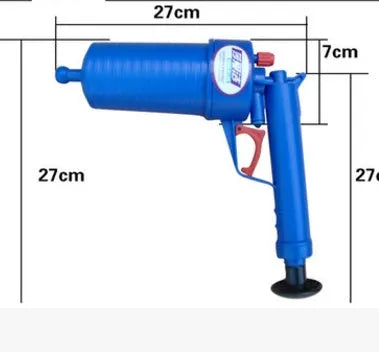 Plastic high-pressure drain blaster gun with four different size adaptor suckers for unblocking sinks and toilets.