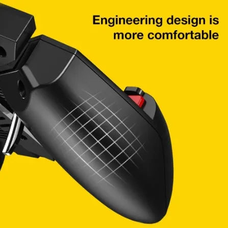 AK77 black mobile phone game handle with physical triggers, heat sink power supply and rotating lever for PUBG gaming