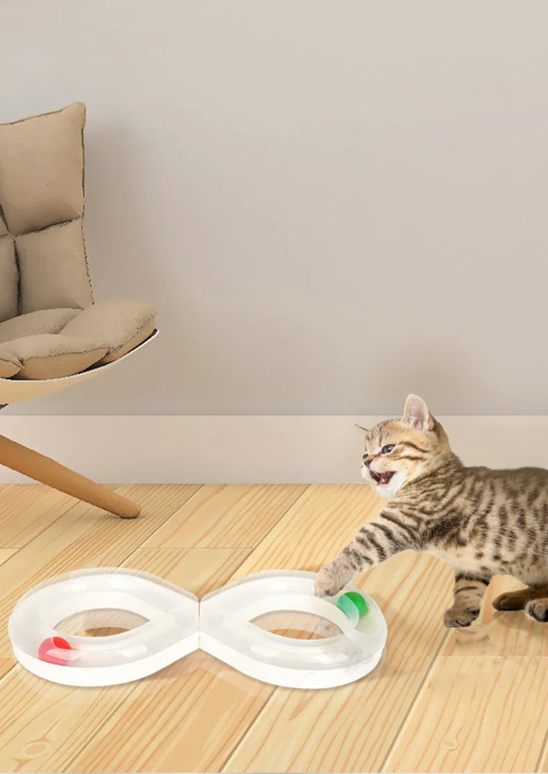 Cat toy turntable with a ball on a circular track, white and blue plastic, 50cm wide, for interactive play