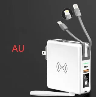 Black and white PD20W fast charging power bank with wireless capability and integrated plug
