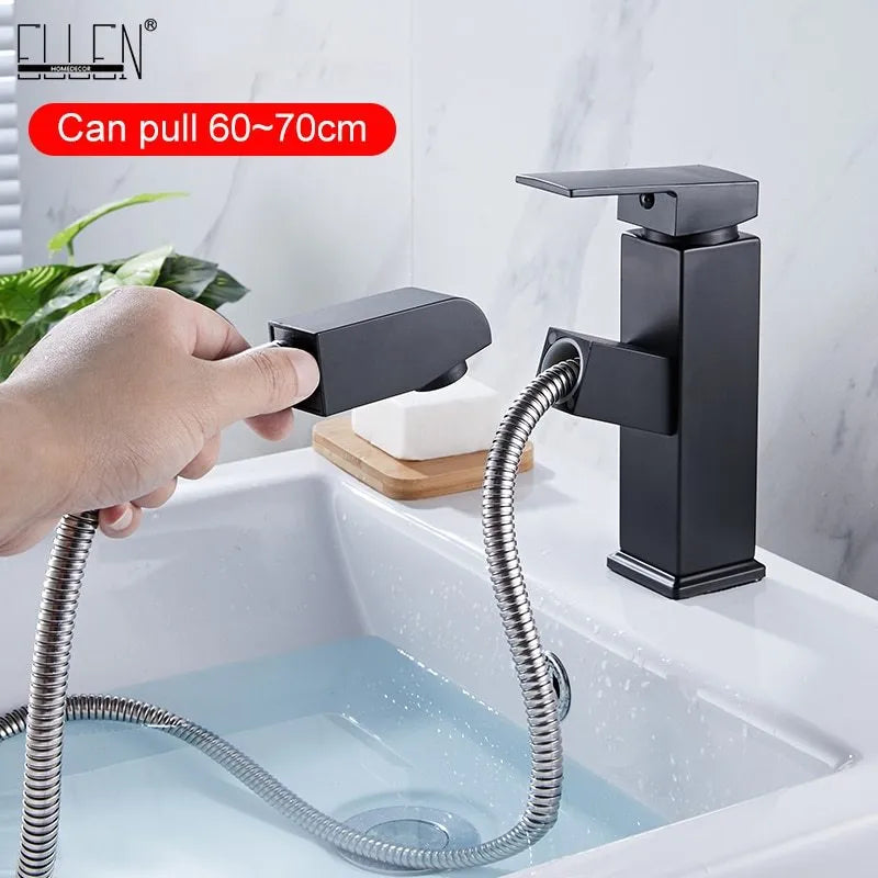 Brushed gold square pull faucet with brass construction and pull-out spout for kitchen sink hot and cold water