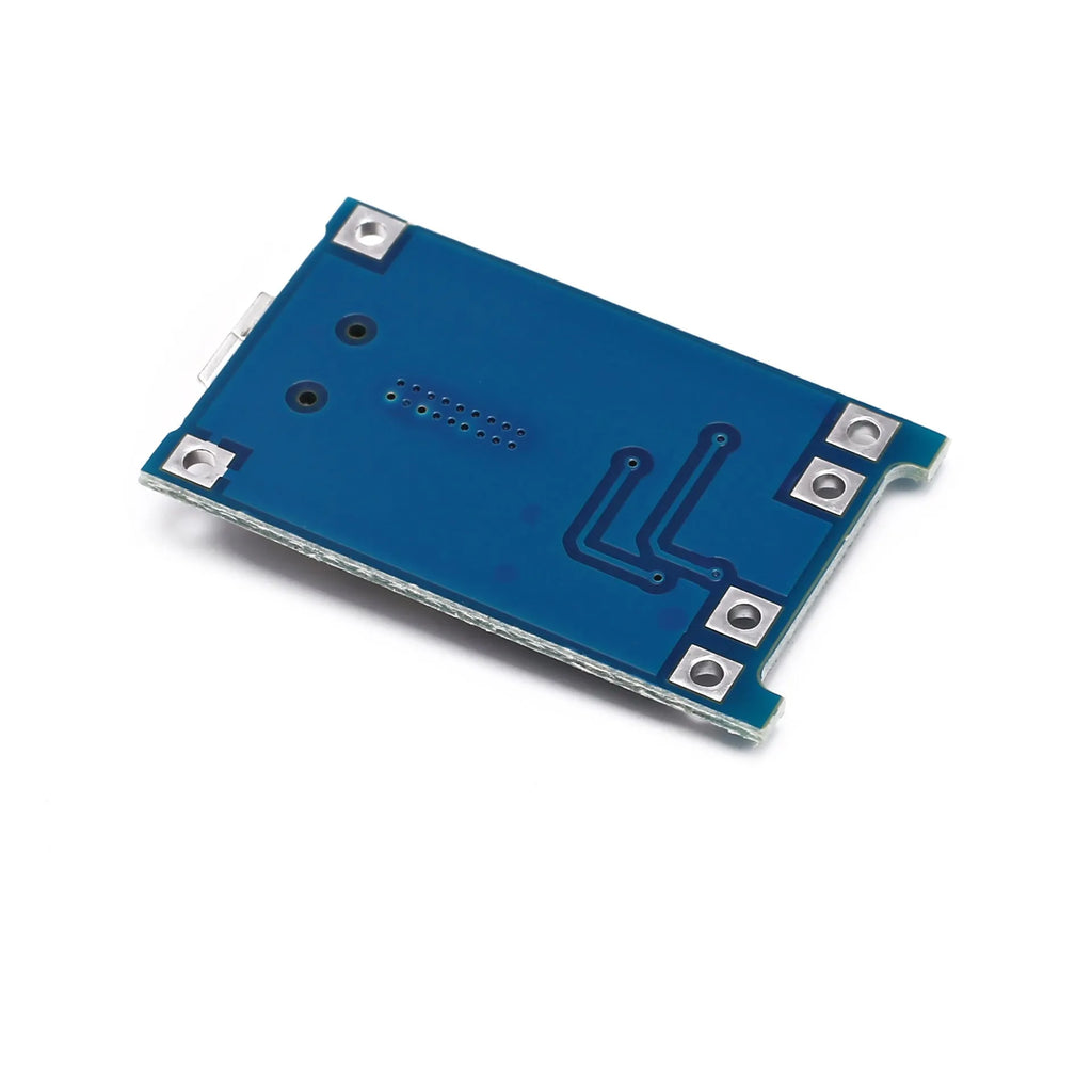 Small blue lithium battery charging and protection circuit board measuring 2.6 by 1.7 centimetres