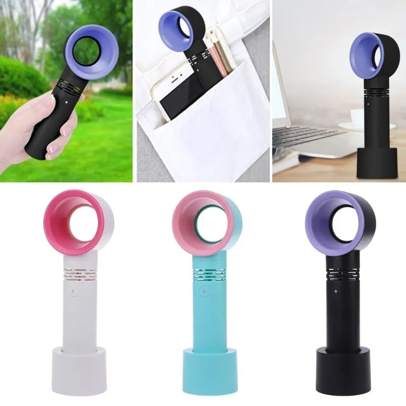 A compact USB rechargeable bladeless portable fan in various colours on its base.