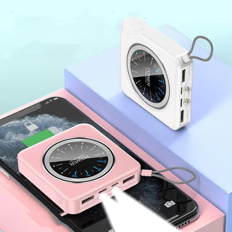 Compact mint green alloy power bank with multiple USB ports, shown next to a mobile phone.