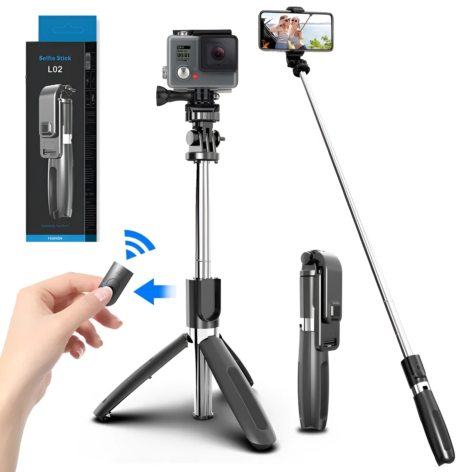 Bluetooth selfie stick with tripod base extended to mid-length with smartphone attached