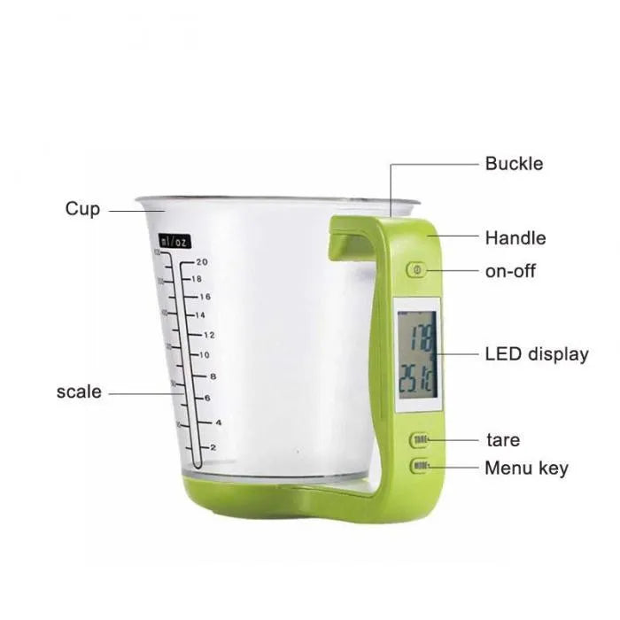 Green electronic kitchen scale measuring cup with LCD display in handle