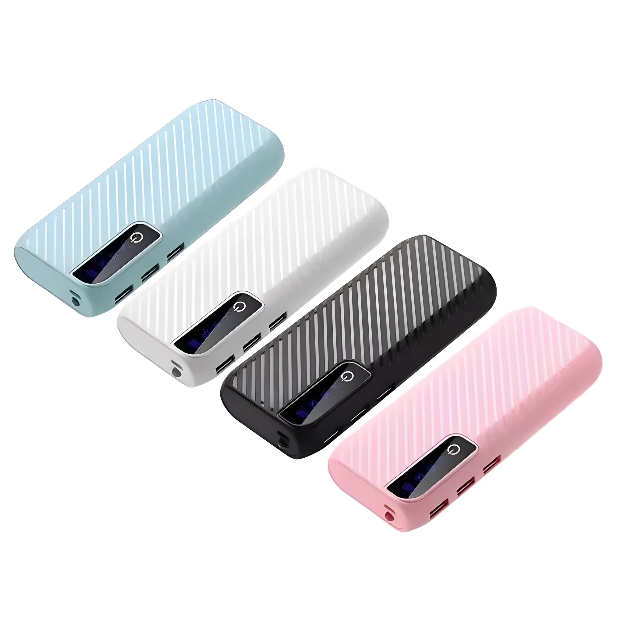 Compact black 20000mAh mini power bank with two USB output ports on a white background.