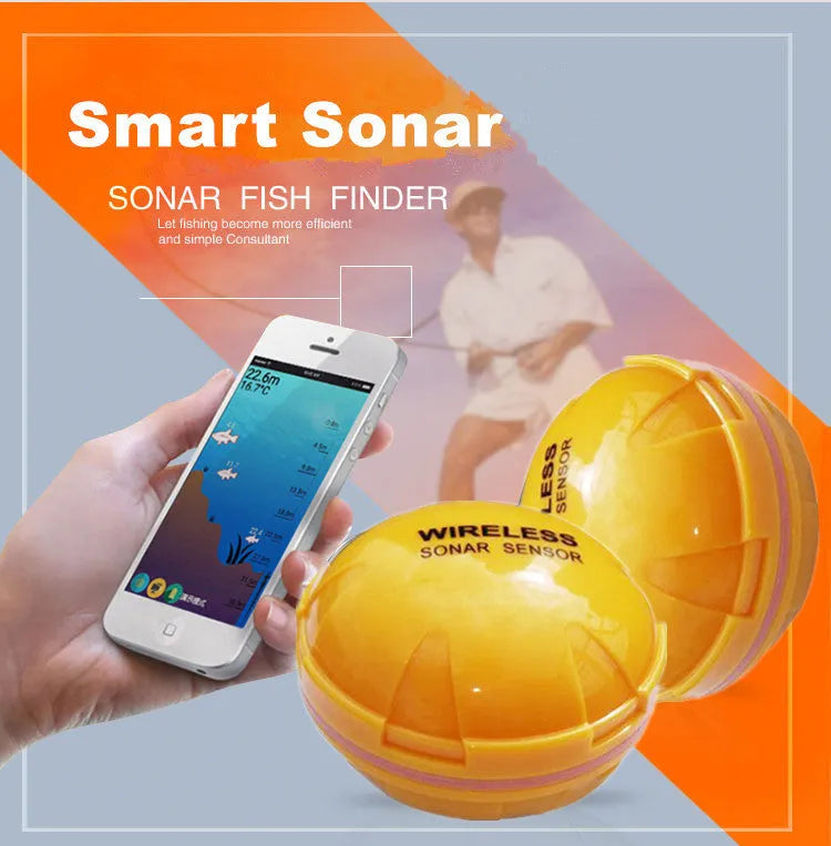 Yellow wireless sonar fish finder with compact 68x68x50cm housing for handheld use