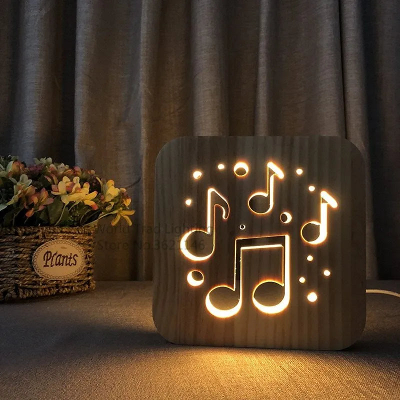 Square pine wood USB LED lamp emitting warm white 3D pattern light on a dark surface.