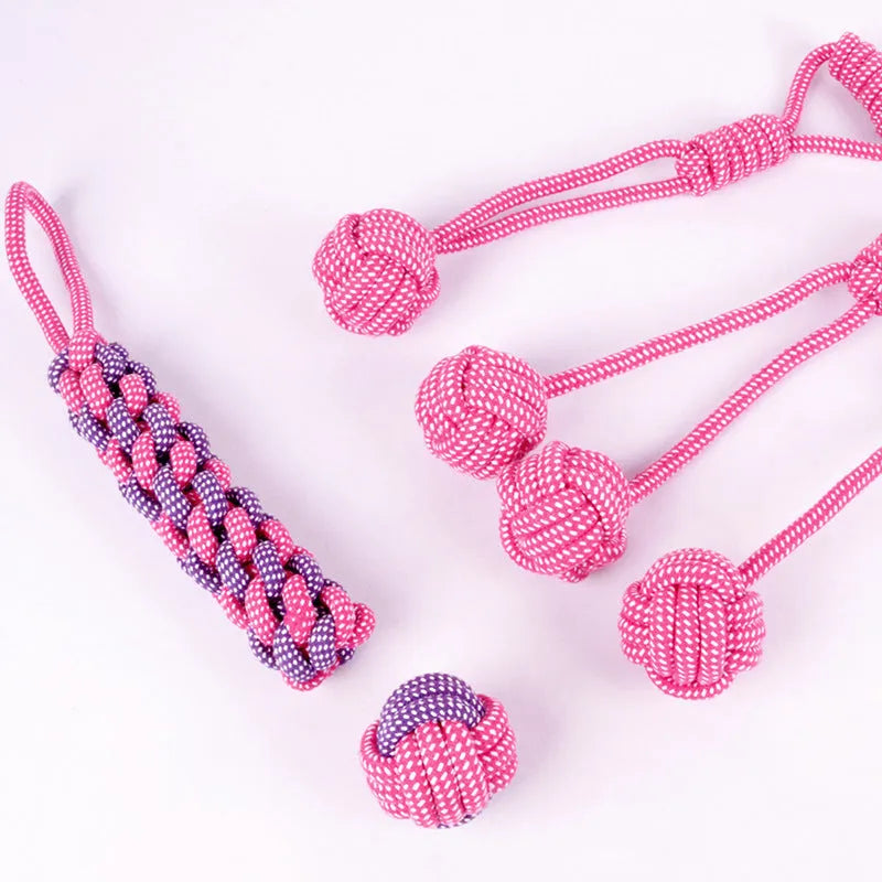 Pink five-piece dog toy set with cotton rope toys, corn cob and 6cm or 8cm ball