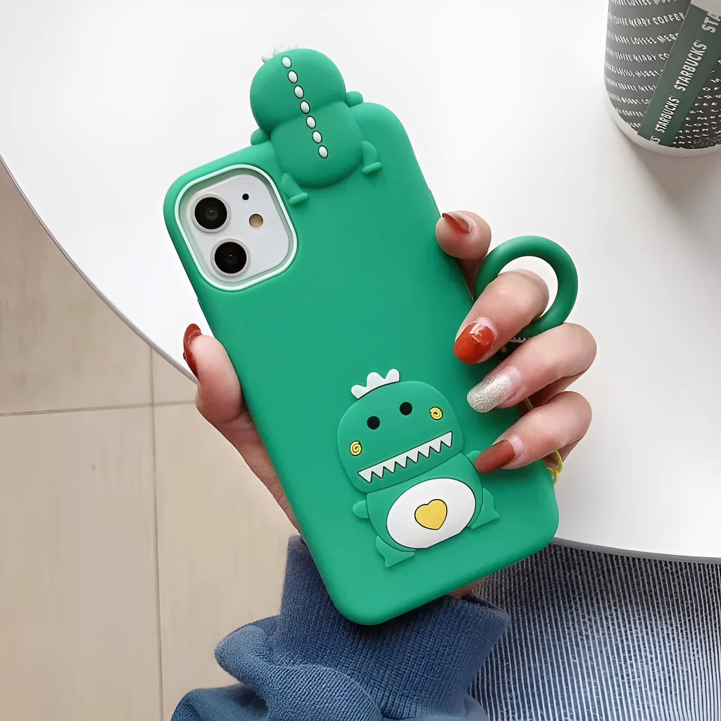Green silicone iPhone case with a cartoon animal design on the back.