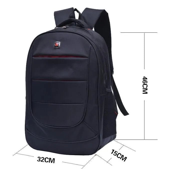 Black casual nylon travel backpack with padded laptop sleeve and front pockets on a table