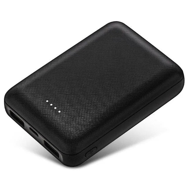 Black and white ultra-thin 10000mAh power bank showing multiple USB ports and compact 90x63x22mm dimensions