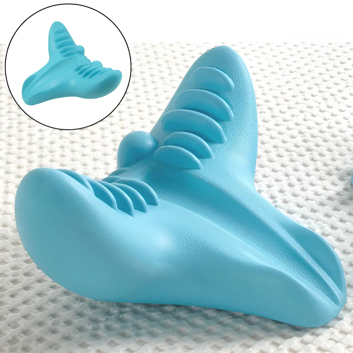 Blue Shiatsu C-rest neck pillow in memory foam, fish tail shape, 21 x 24 x 13 cm, for adult neck support
