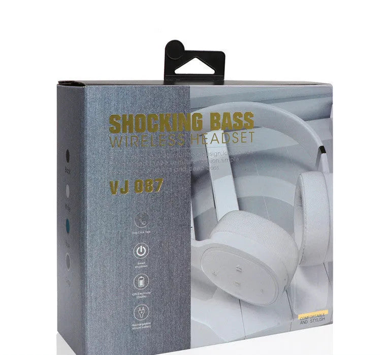 Wireless Bluetooth headset in black, blue, grey, or white with 40mm speakers and rechargeable battery