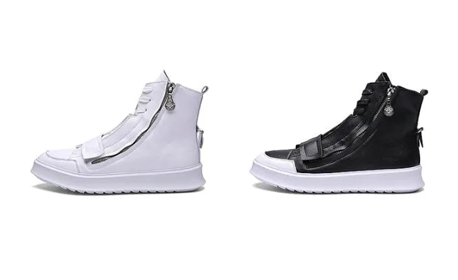 Black and white microfiber men's high-top ankle boots shown with a UK size chart.