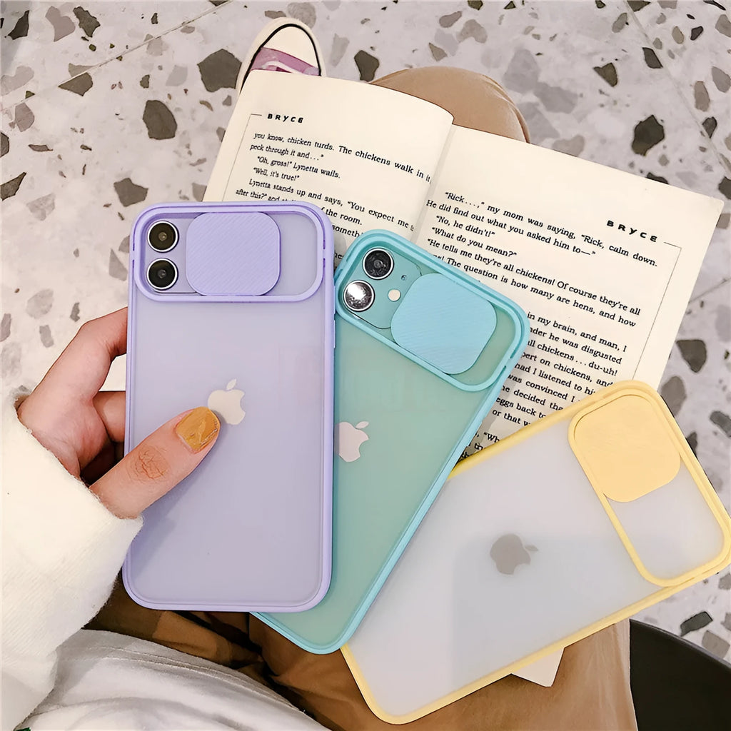Frosted frame lens silicone phone case for iPhone in a choice of pure colours including blue, pink, and black.