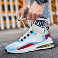 Men's low top breathable casual sports shoes with mesh inner and air cushion sole, available in three colours.