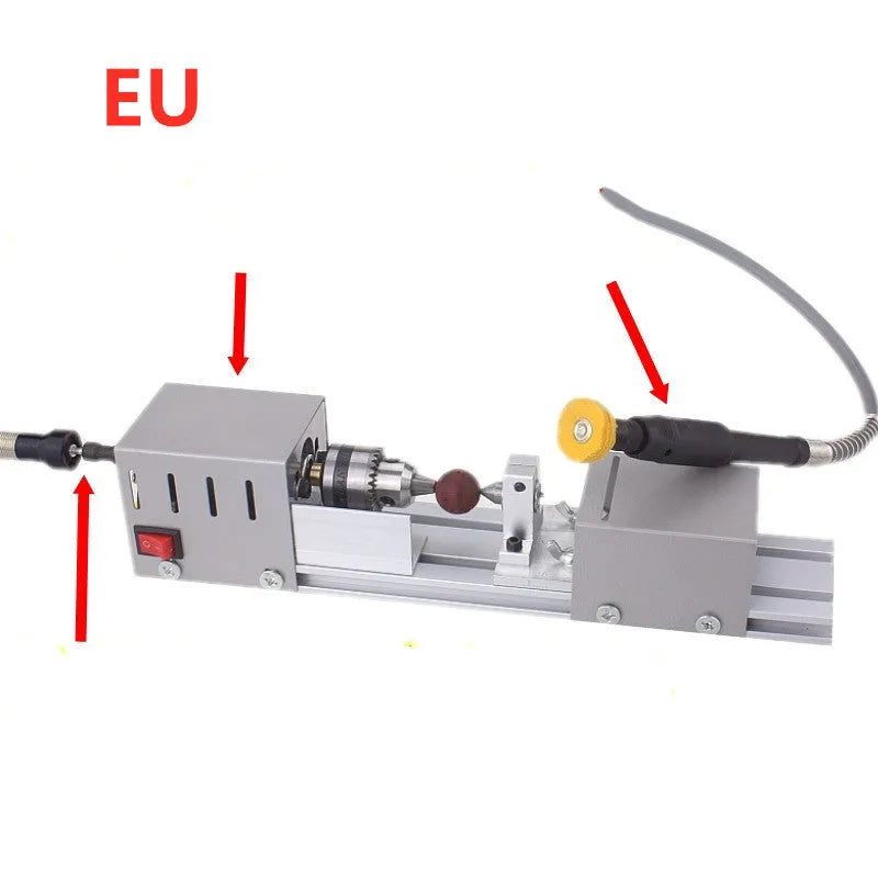 Metal mini woodworking lathe with carving knives and tools for small woodturning projects