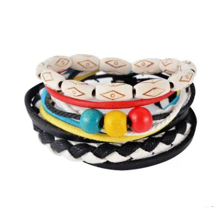 Handwoven adjustable leather bracelet with multilayer wooden beads and rope for a vintage punk style.