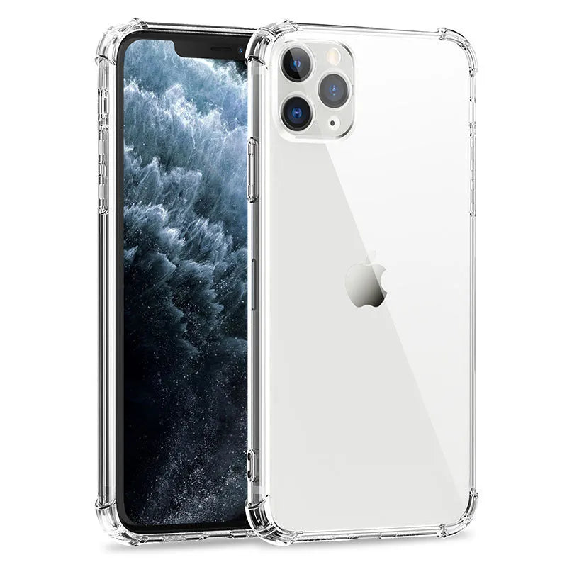 Thickened four-corner airbag iPhone case in transparent TPU with fine hole design, back cover style.