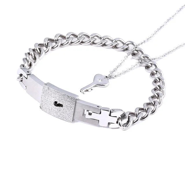 Titanium steel couple love lock bracelet key set necklace in electroplated finish