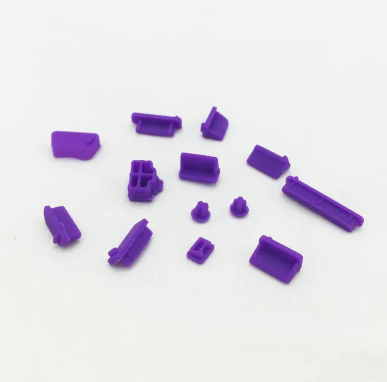 13-piece silicone laptop dust plug set for VGA USB HDMI audio RJ45 SD and 1394 ports in transparent and colours