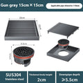 304 stainless steel courtyard floor drain with gun grey ABS plastic core, measuring 15x15 cm.