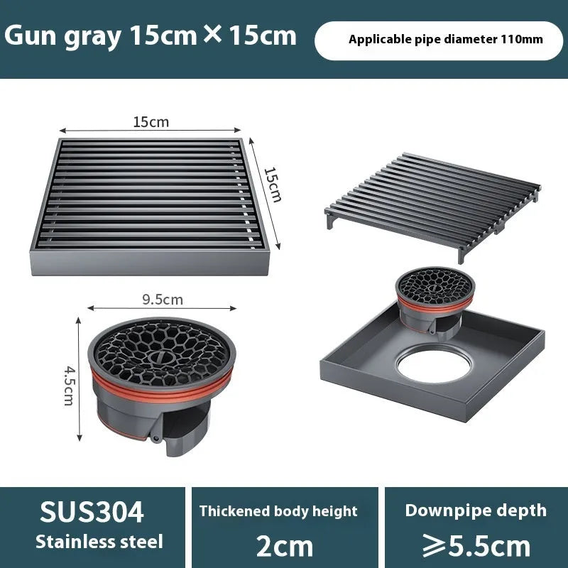 304 stainless steel courtyard floor drain with gun grey ABS plastic core, measuring 15x15 cm.