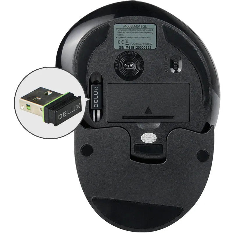 Black M618 wireless vertical ergonomic mouse with USB receiver on a desk mat