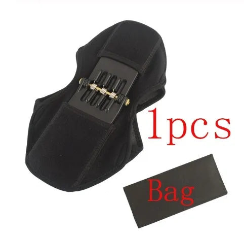 Black adjustable knee brace with patella support and visible booster spring mechanism for sports.