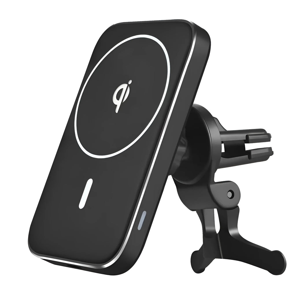 Black M6 magnetic wireless car charger with flexible gooseneck arm mounted on a car air vent, charging an iPhone.