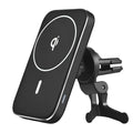 Black M6 magnetic wireless car charger with flexible gooseneck arm mounted on a car air vent, charging an iPhone.