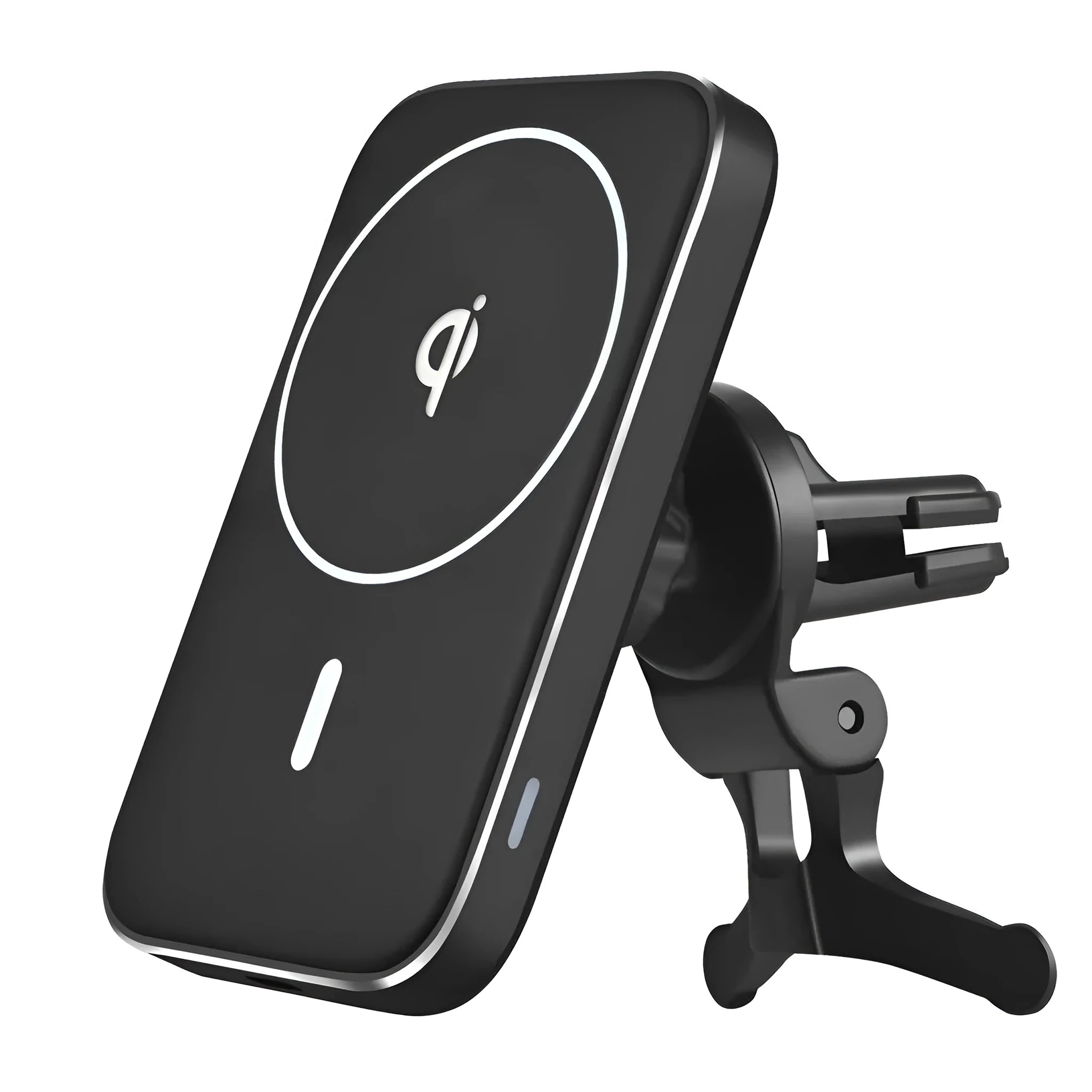 Black M6 magnetic wireless car charger with flexible gooseneck arm mounted on a car air vent, charging an iPhone.