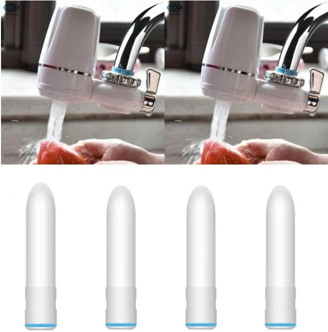 White plastic faucet water filter with ceramic cartridge and universal tap adapter kit.