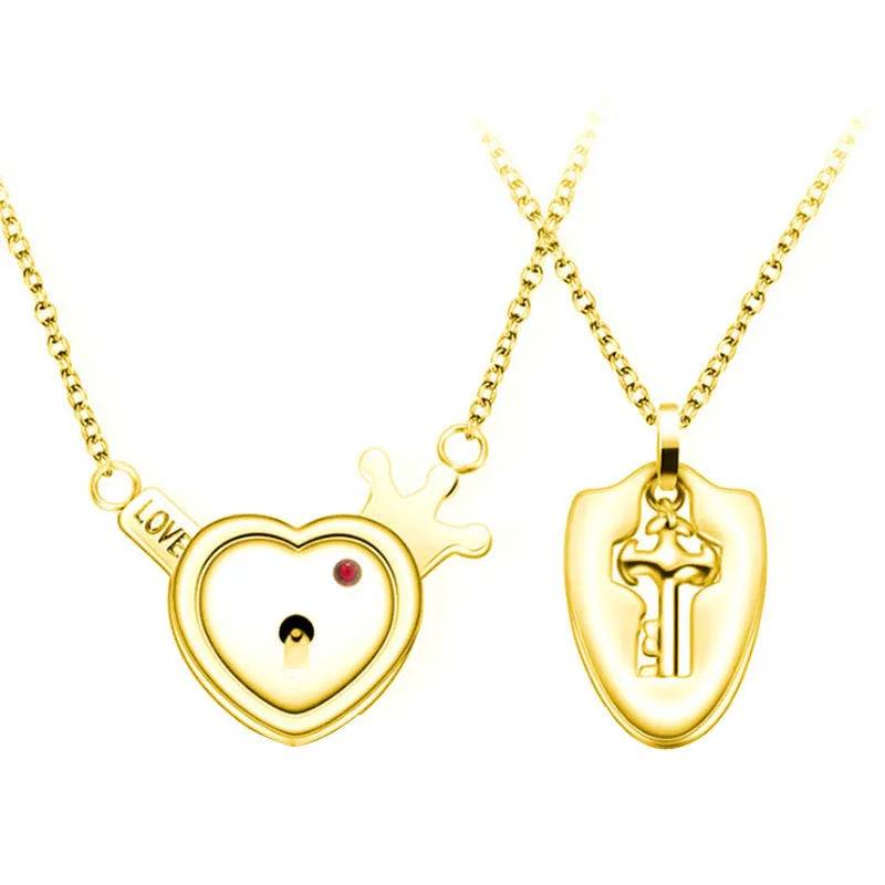 Titanium steel couple love lock bracelet key set necklace in electroplated finish