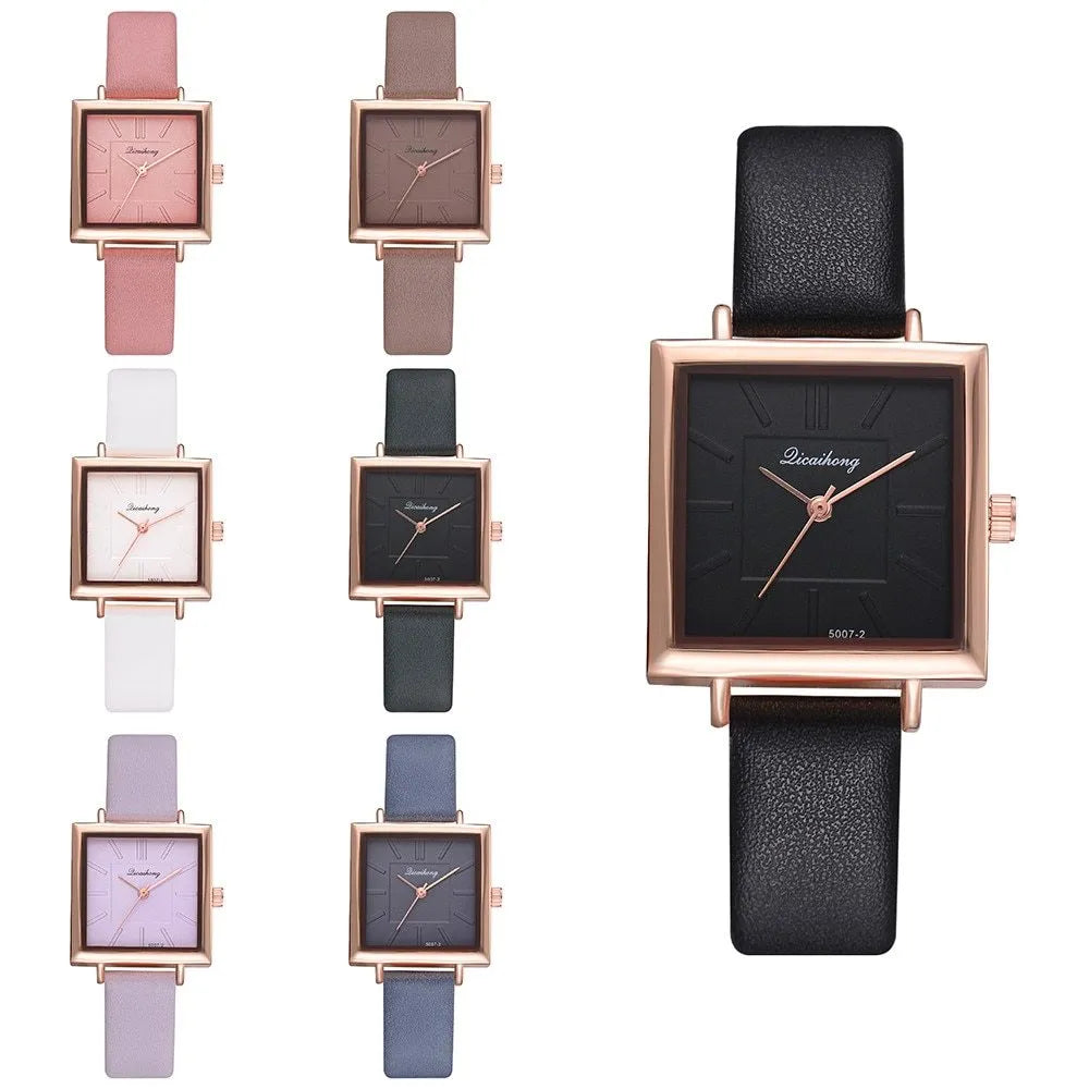 Square women leather crystal quartz wrist watch with glass dial in multiple colours