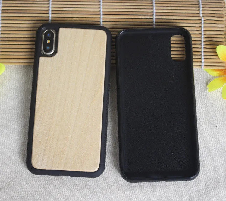 Wooden phone case with carbonised bamboo back and black TPU bumper for iPhone.